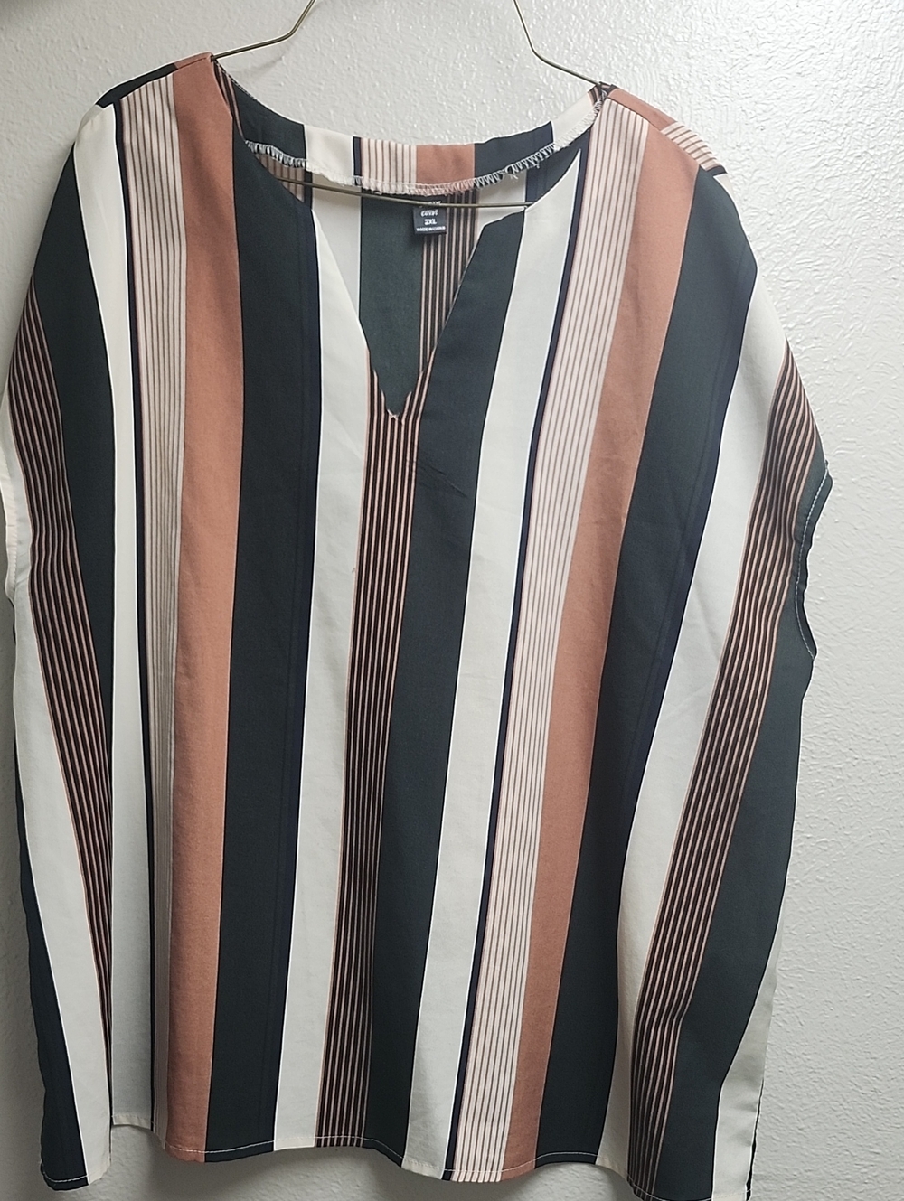 Women's Striped V-Neck Shirt in Black, White & Brown - Unbranded